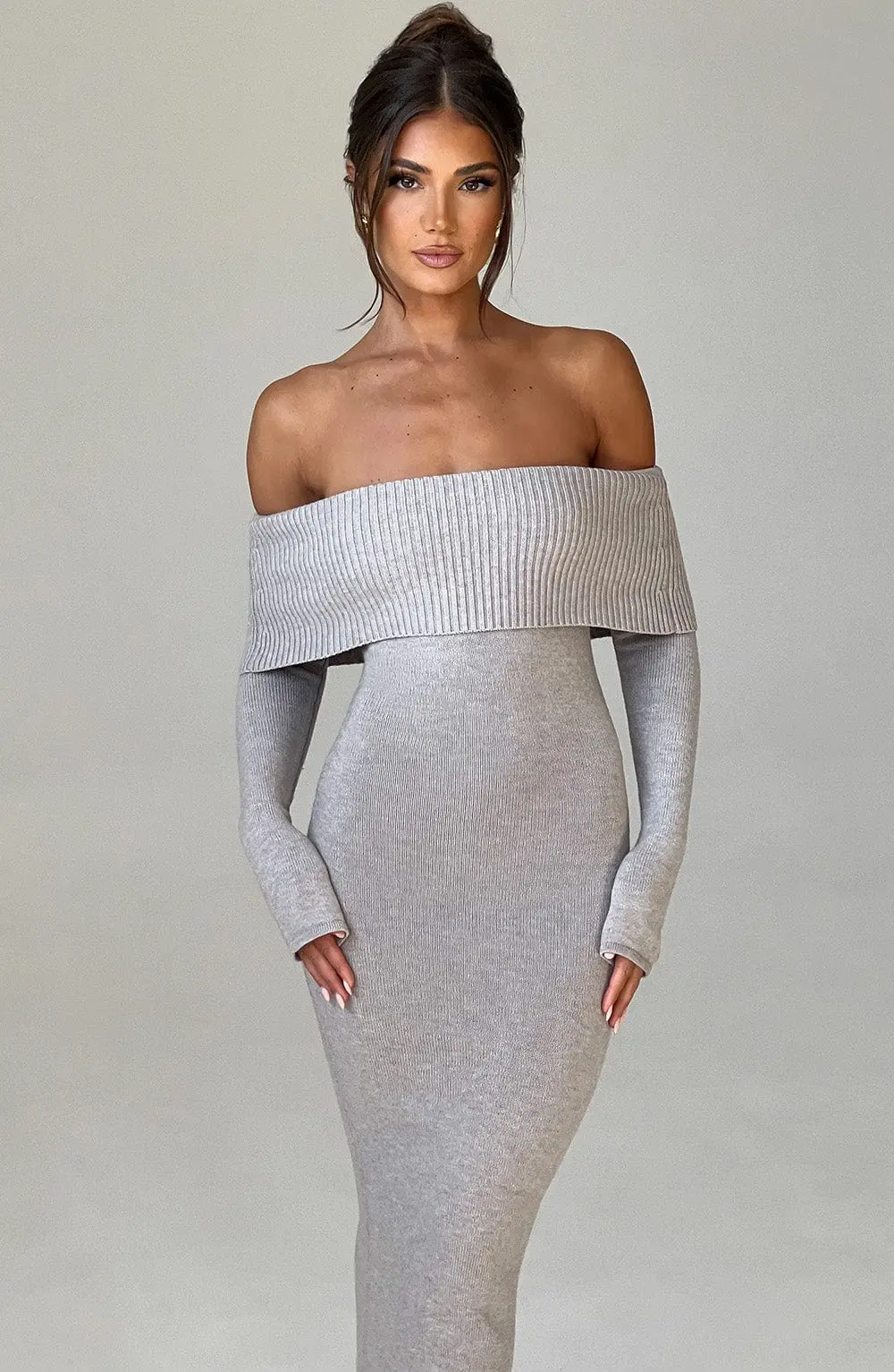 Beverley Knit Maxi Dress - Light Grey Marl - Image 5
