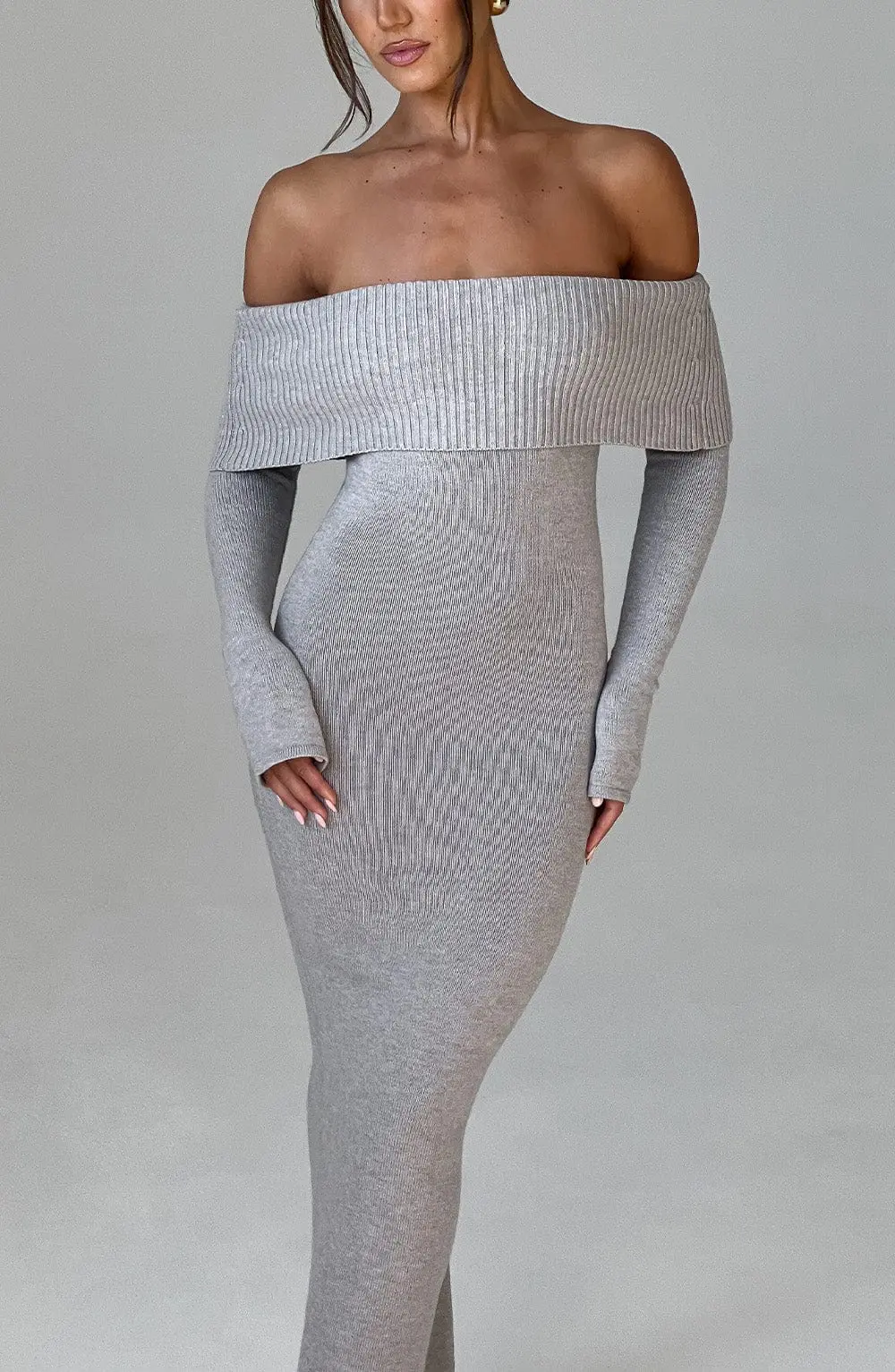 Beverley Knit Maxi Dress - Light Grey Marl - Image 4