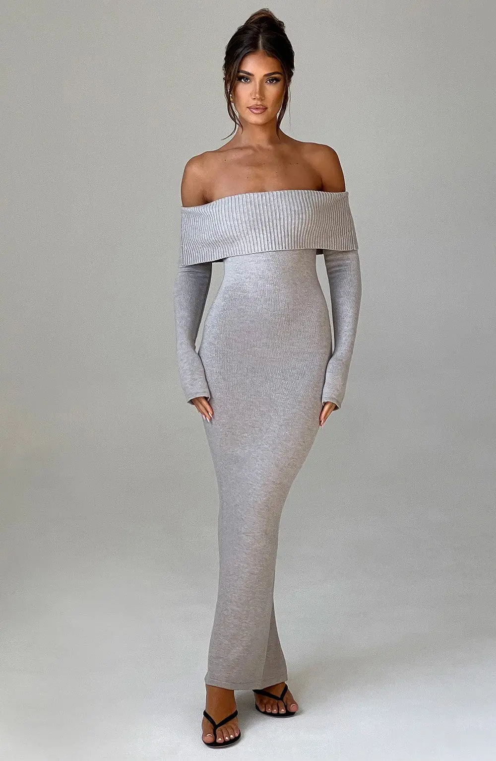 Beverley Knit Maxi Dress - Light Grey Marl - Image 2